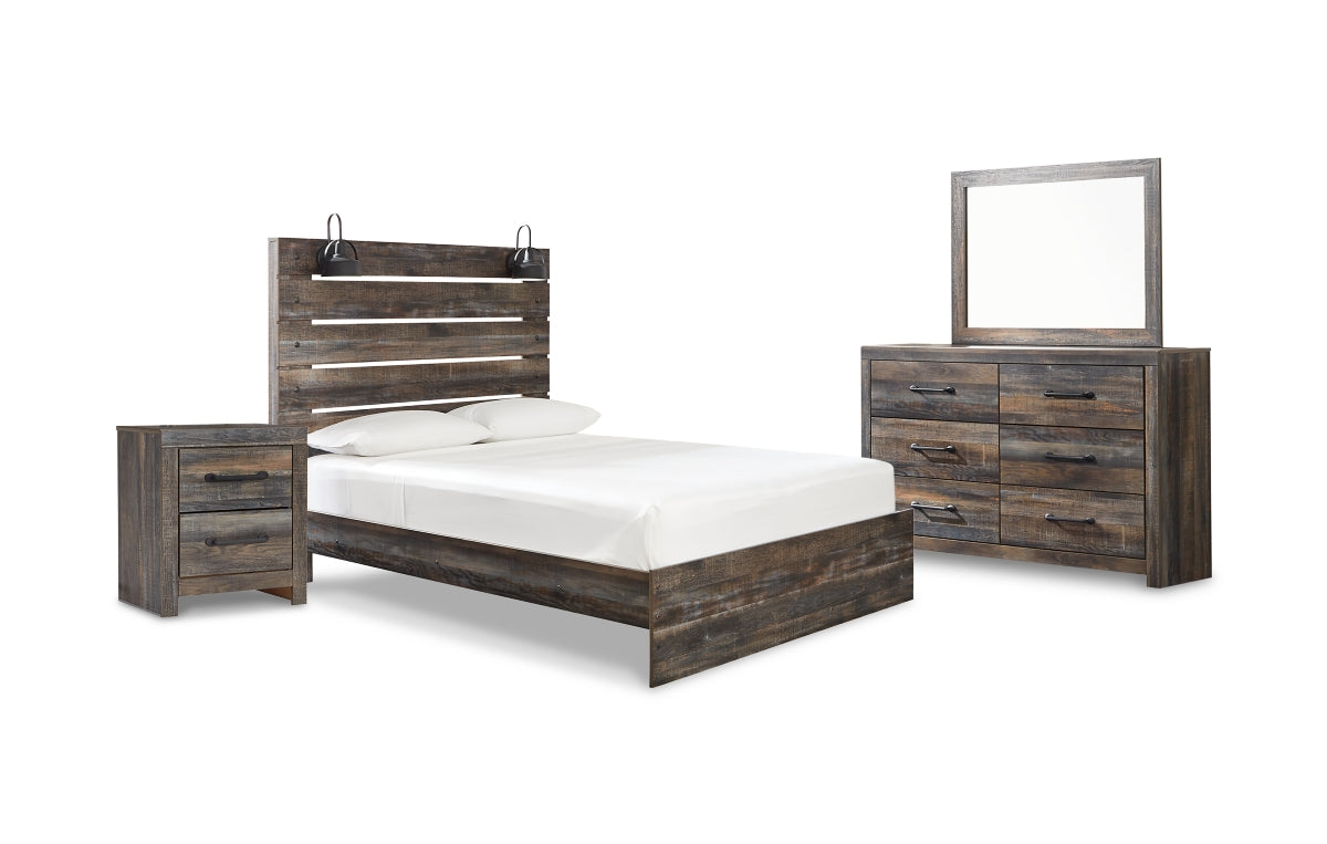 Drystan Queen Panel Bed with Mirrored Dresser and Nightstand