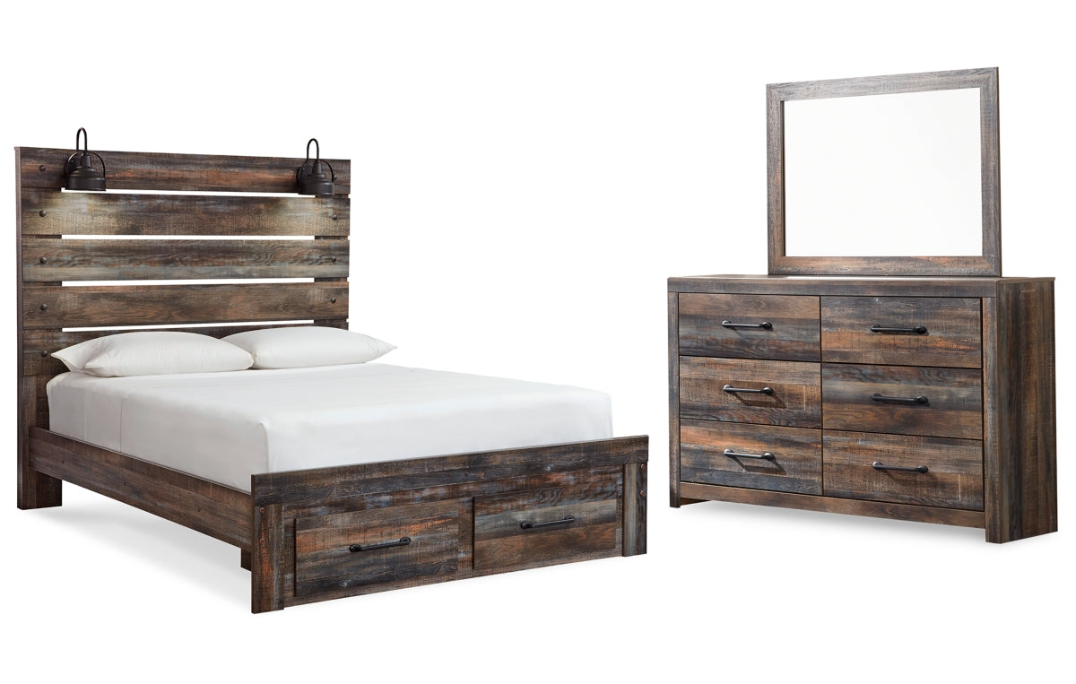 Drystan Queen Panel Bed with 2 Storage Drawers with Mirrored Dresser