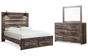 Drystan Queen Panel Bed with 2 Storage Drawers with Mirrored Dresser