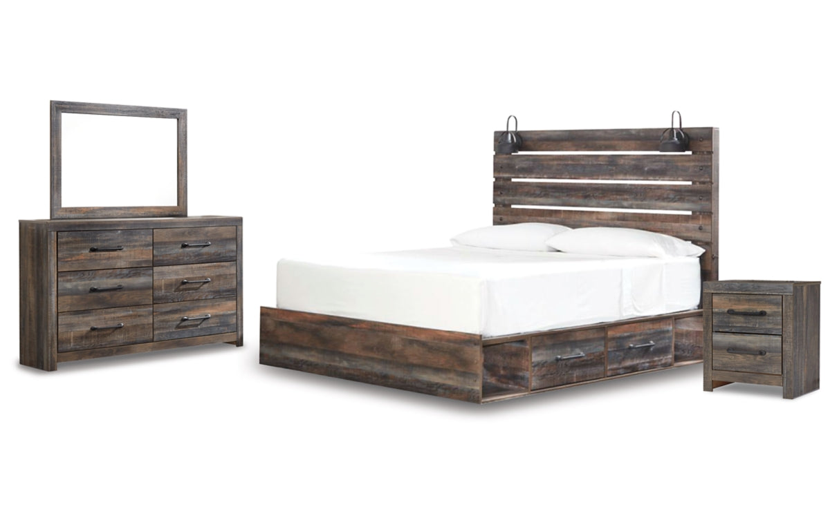 Drystan King Panel Bed with 2 Storage Drawers with Mirrored Dresser and Nightstand