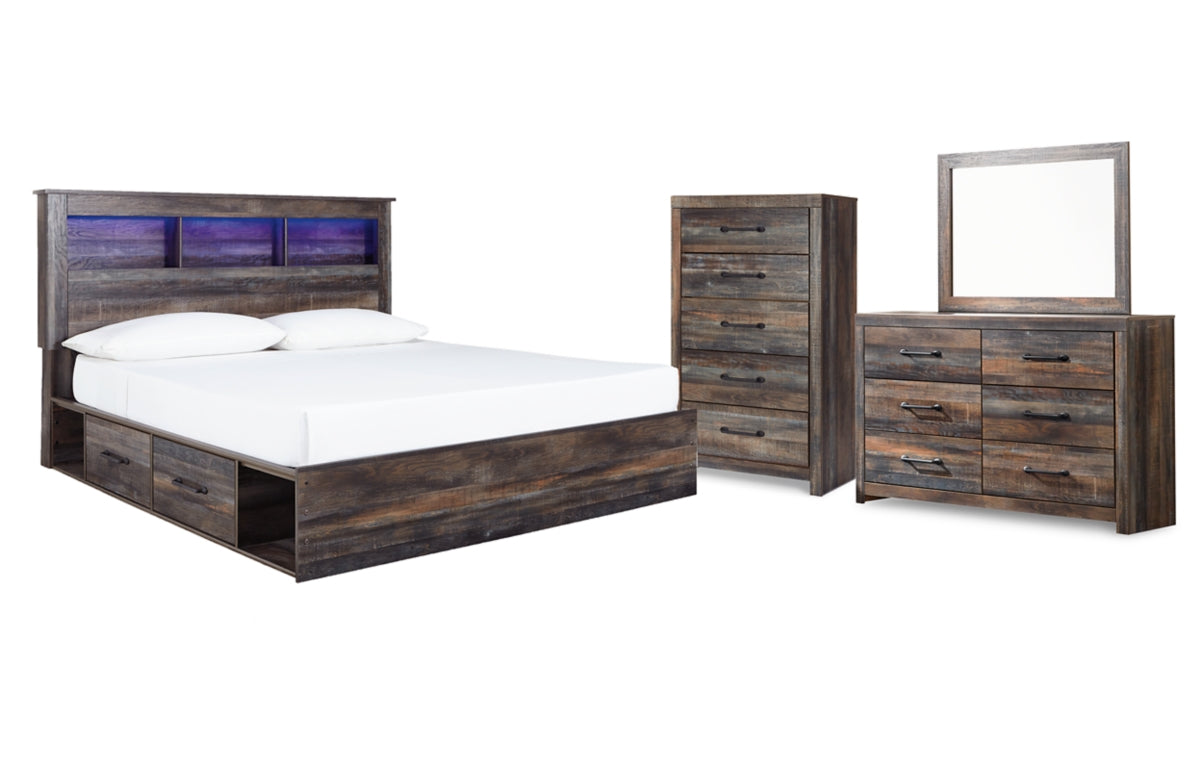 Drystan King Bookcase Bed with 4 Storage Drawers with Mirrored Dresser and Chest