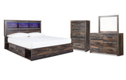 Drystan King Bookcase Bed with 4 Storage Drawers with Mirrored Dresser and Chest