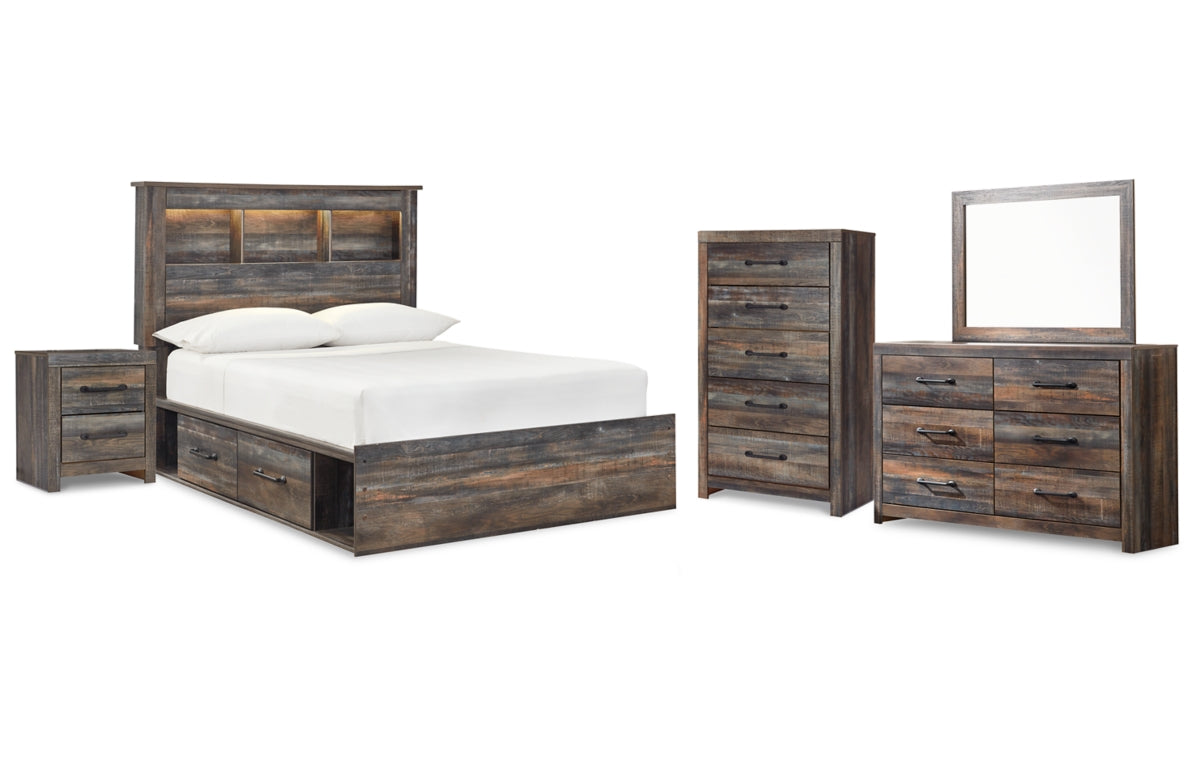 Drystan Full Bookcase Bed with 4 Storage Drawers with Mirrored Dresser, Chest and Nightstand