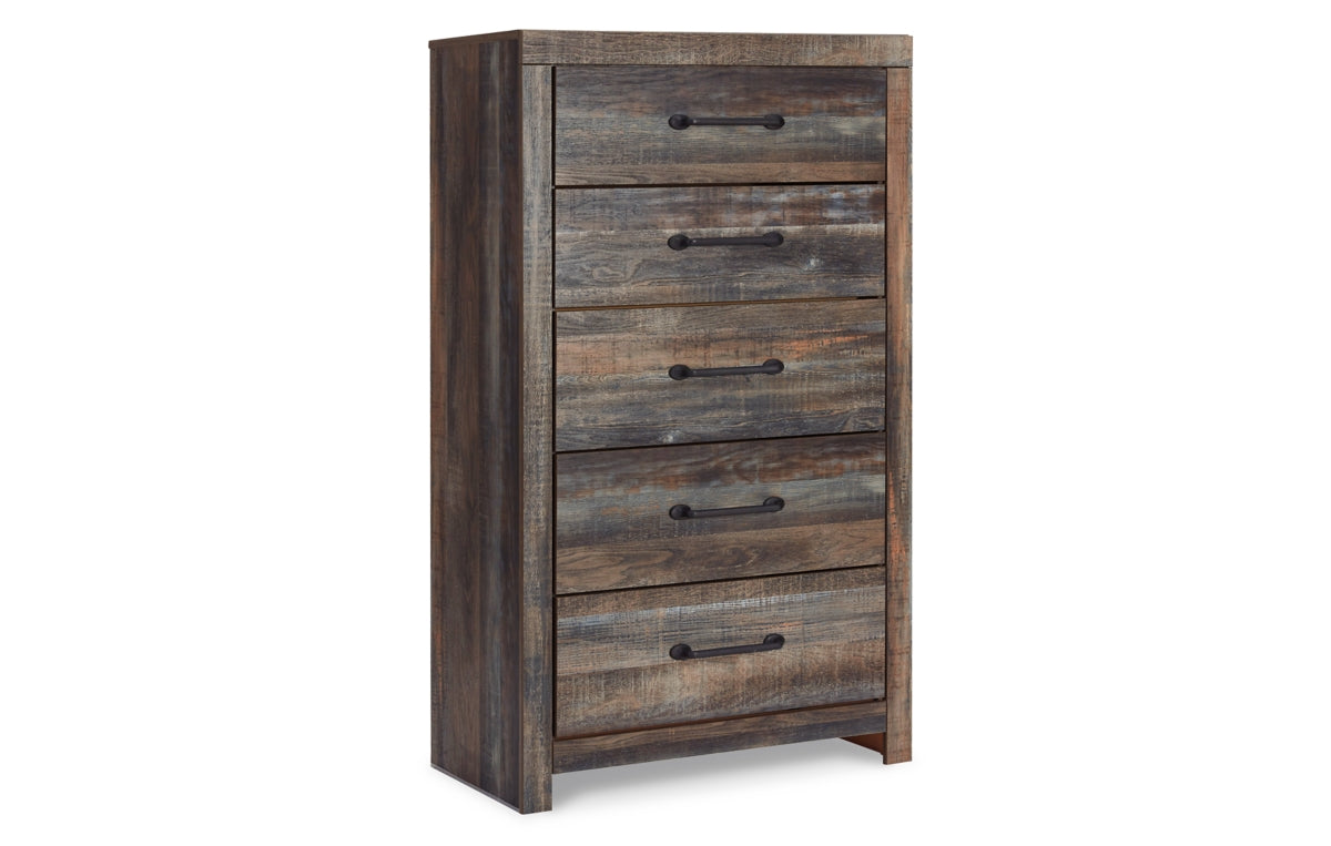 Drystan Queen Bookcase Bed with 2 Storage Drawers with Mirrored Dresser and Chest