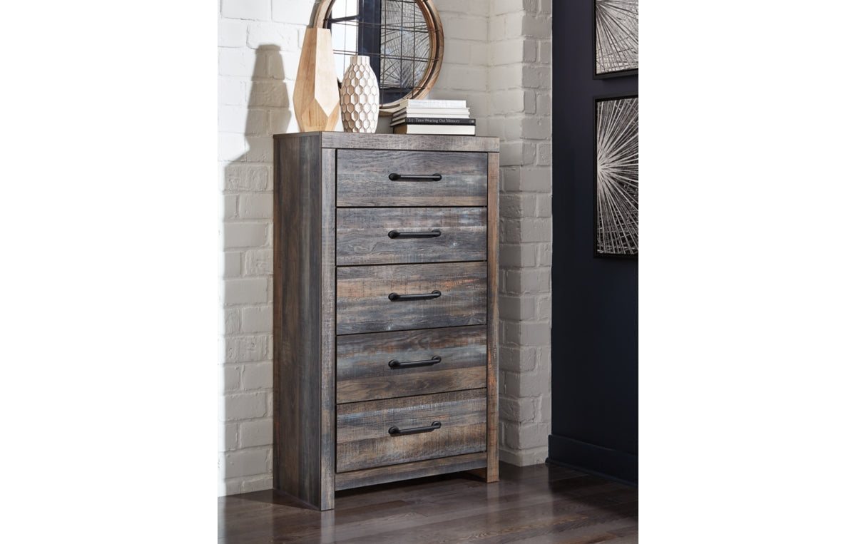 Drystan King Panel Bed with 2 Storage Drawers with Mirrored Dresser and Chest