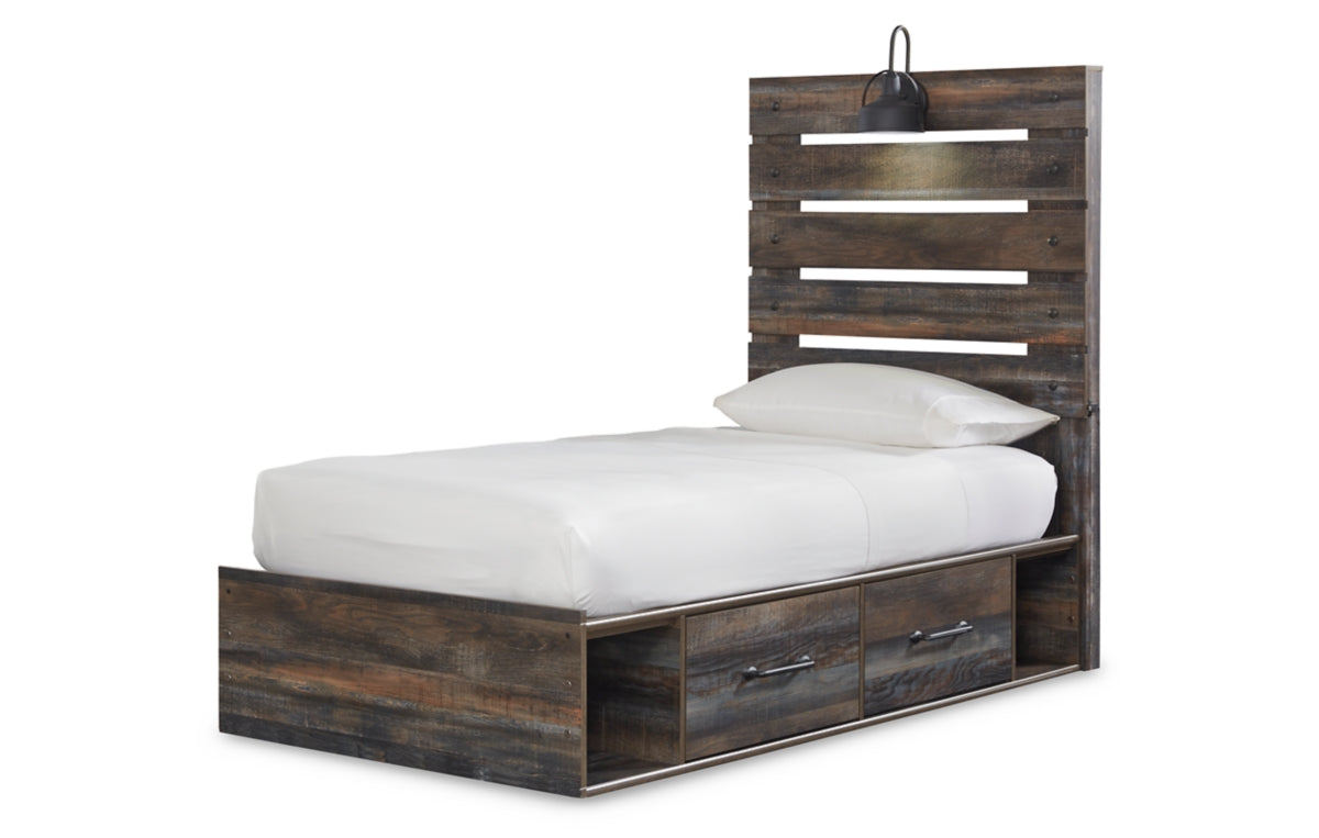 Drystan Twin Panel Bed with 4 Storage Drawers with Mirrored Dresser