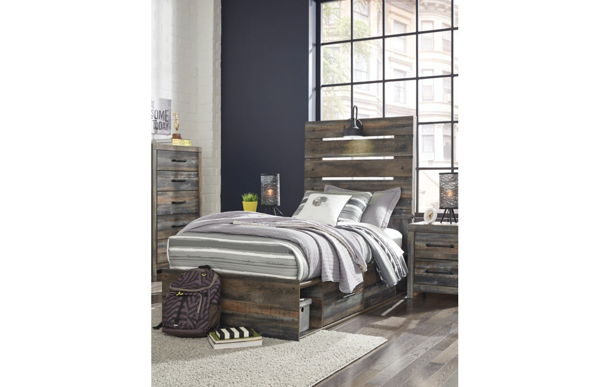 Drystan Twin Panel Bed with 4 Storage Drawers with Mirrored Dresser, Chest and Nightstand