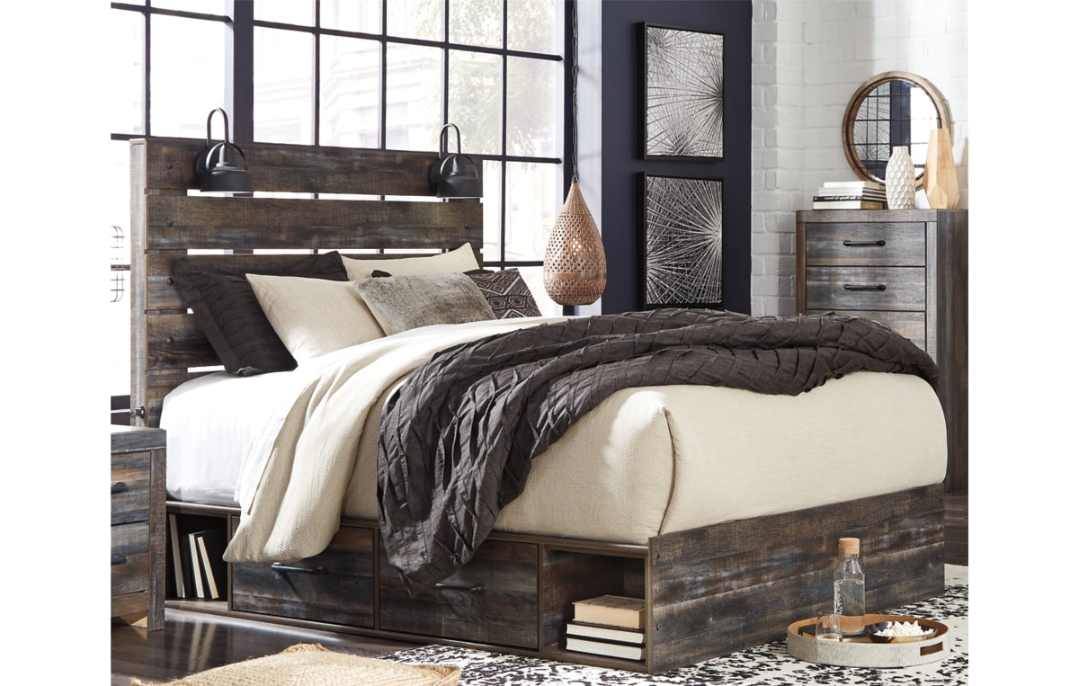 Drystan Queen Panel Bed with 4 Storage Drawers, Dresser, Mirror, Chest and Nightstand
