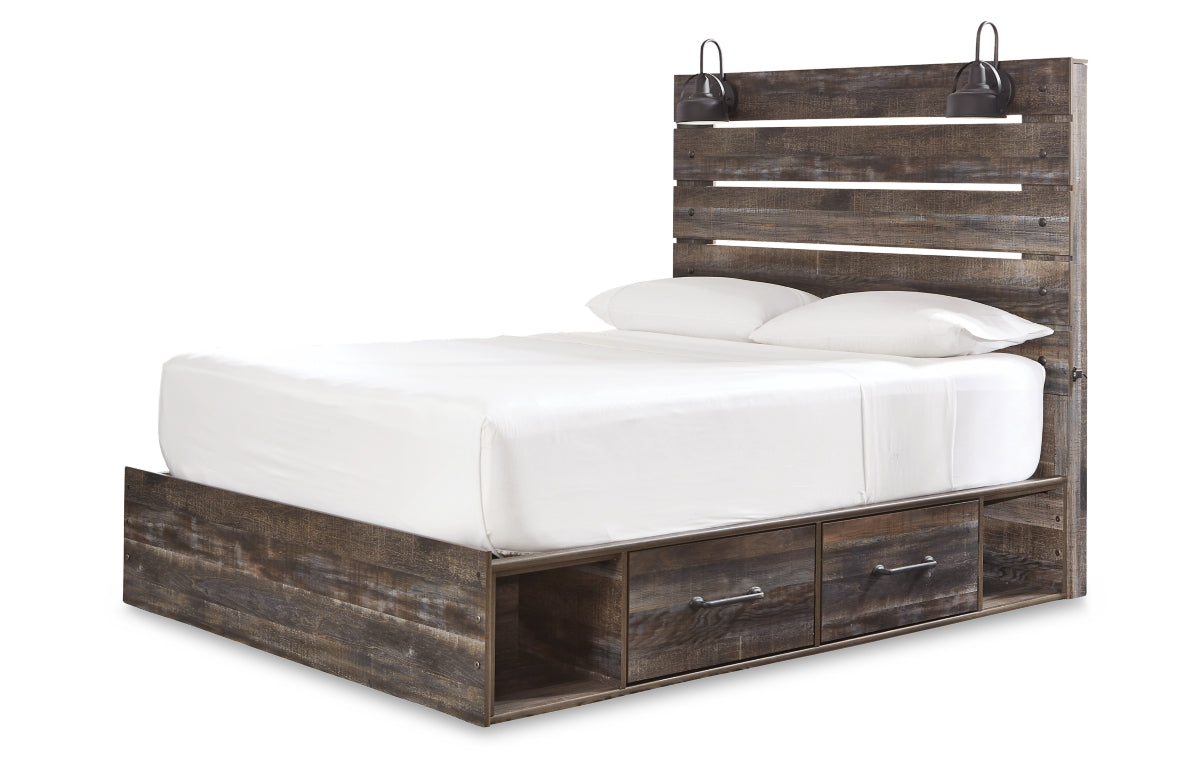 Drystan Queen Panel Bed with 4 Storage Drawers with Mirrored Dresser