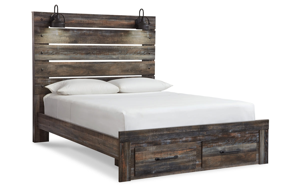 Drystan Queen Panel Bed with 2 Storage Drawers with Mirrored Dresser, Chest and Nightstand