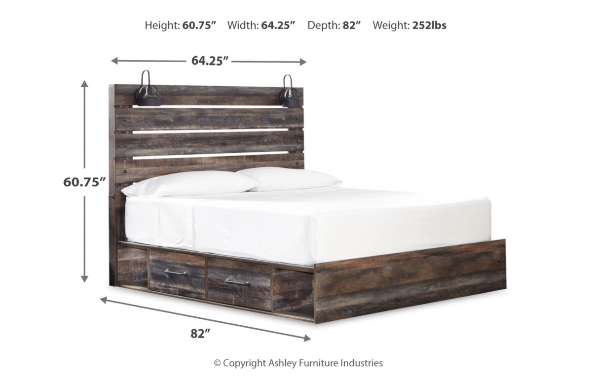 Drystan King Panel Bed with 4 Storage Drawers with Mirrored Dresser, Chest and Nightstand