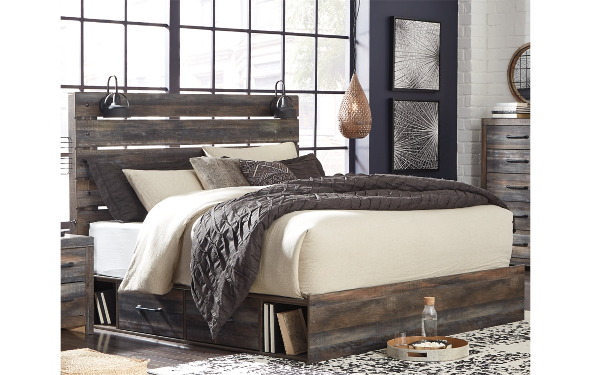 Drystan King Panel Bed with 2 Storage Drawers with Mirrored Dresser and Chest