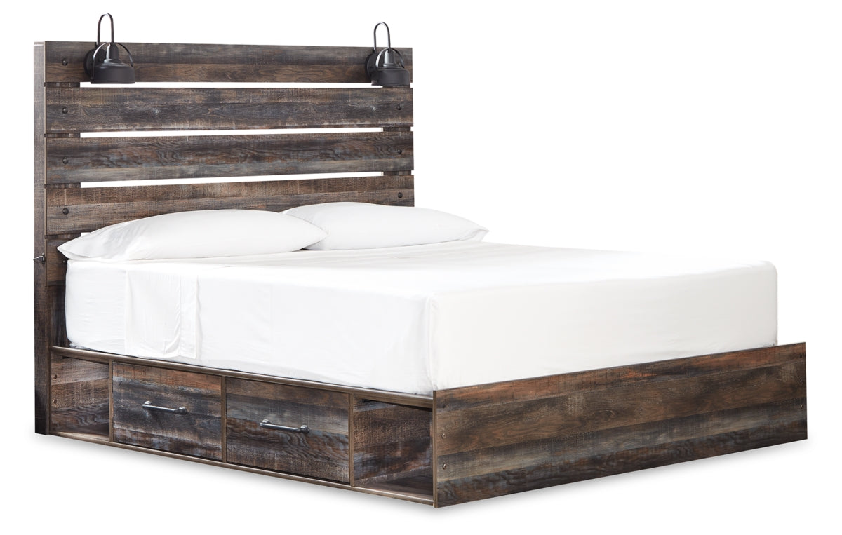 Drystan King Panel Bed with 2 Storage Drawers with Mirrored Dresser and Chest