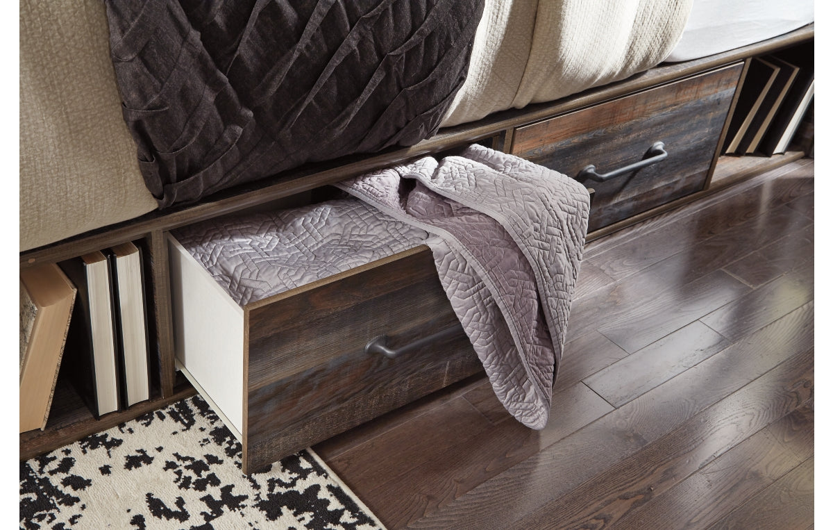 Drystan King Panel Bed with 2 Storage Drawers with Mirrored Dresser and Chest
