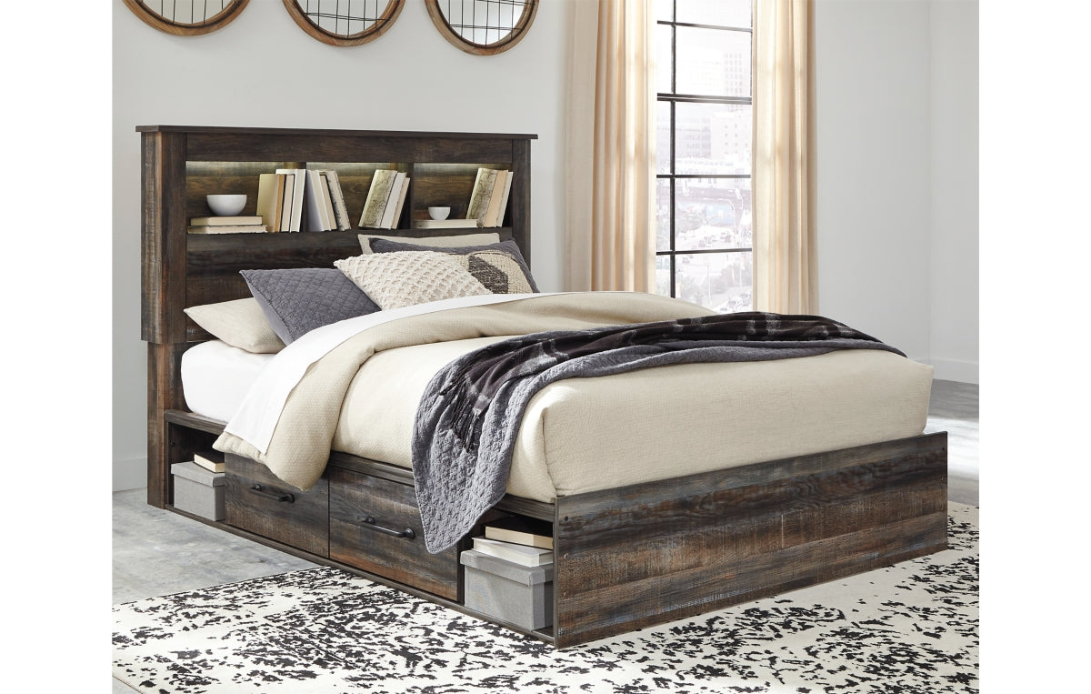 Drystan Queen Bookcase Bed with 4 Storage Drawers, Dresser, Mirror and Chest