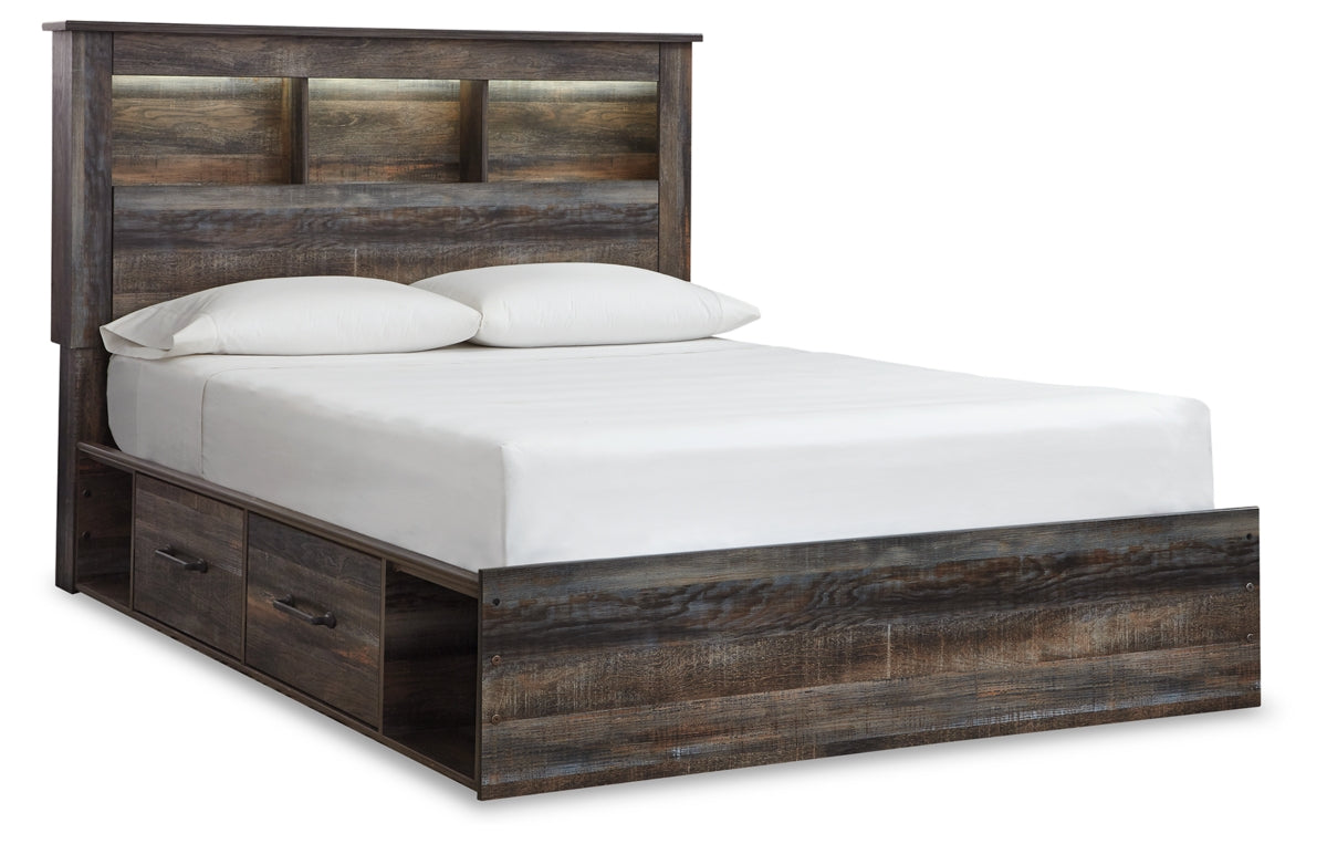 Drystan Queen Bookcase Bed with 4 Storage Drawers, Dresser, Mirror and Chest