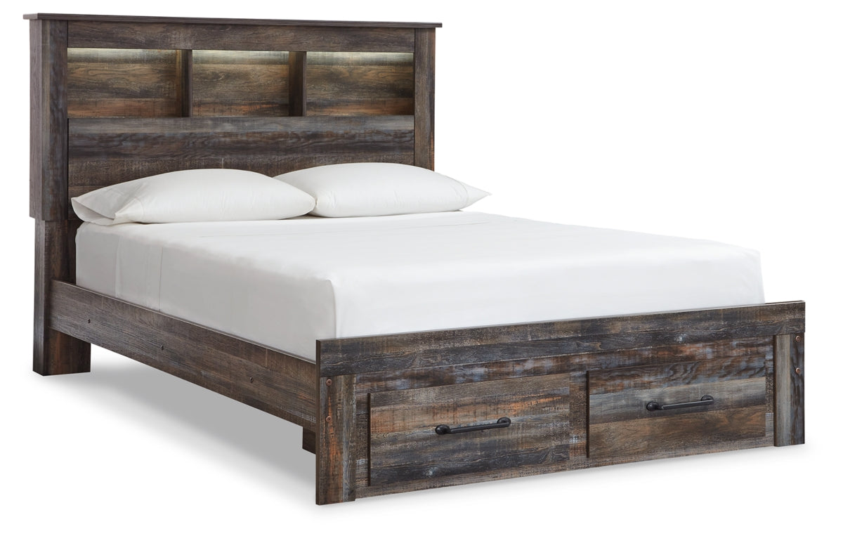Drystan Queen Bookcase Bed with 2 Storage Drawers with Mirrored Dresser and Chest