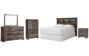 Drystan Queen/Full Bookcase Headboard with Mirrored Dresser, Chest and Nightstand
