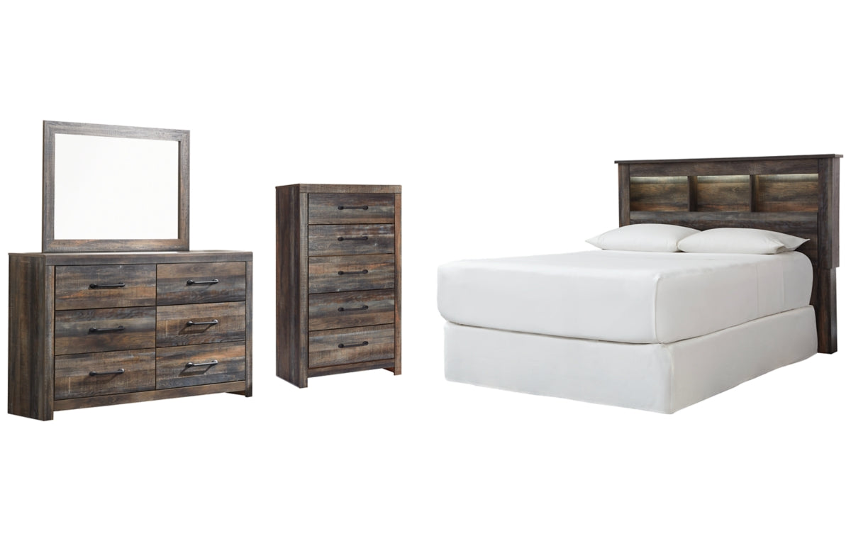 Drystan Queen/Full Bookcase Headboard with Mirrored Dresser and Chest