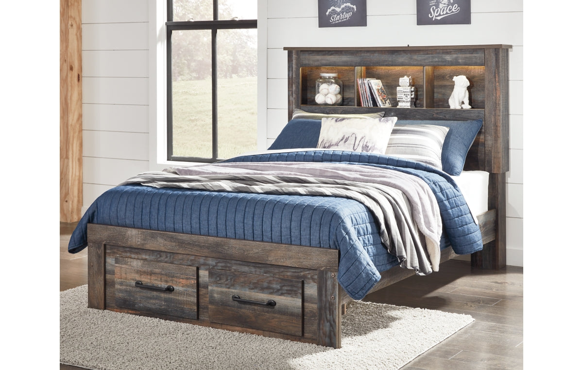Drystan Full Bookcase Bed with 2 Storage Drawers, Dresser, Mirror and Chest