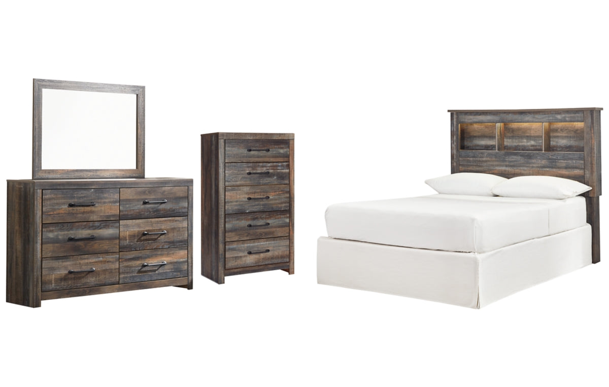 Drystan Full Bookcase Headboard with Mirrored Dresser and Chest