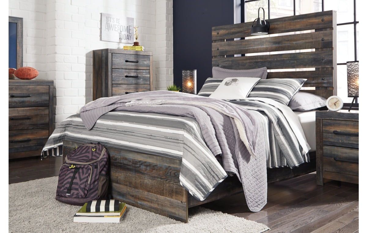 Drystan Full Panel Bed with 4 Storage Drawers with Mirrored Dresser and Chest