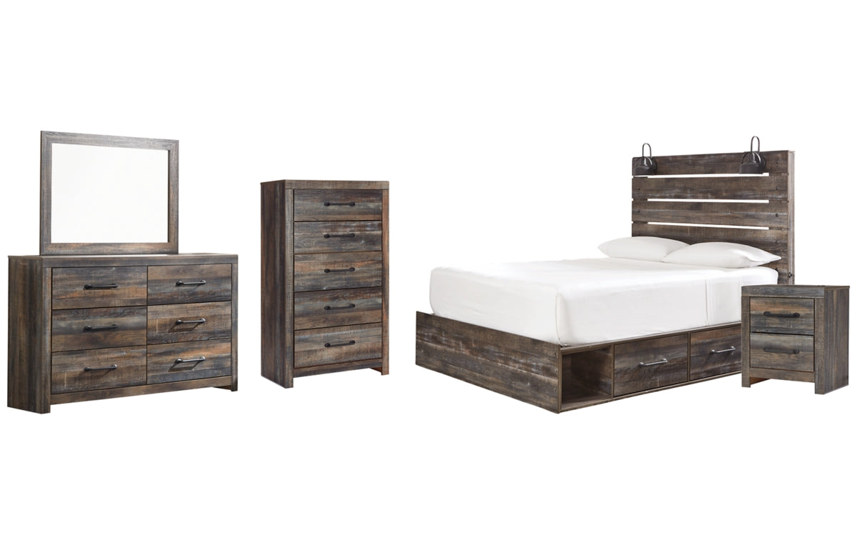Drystan Queen Panel Bed with 2 Storage Drawers with Mirrored Dresser, Chest and Nightstand
