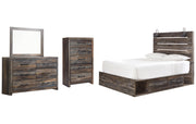 Drystan Queen Panel Bed with 2 Storage Drawers, Dresser, Mirror and Chest