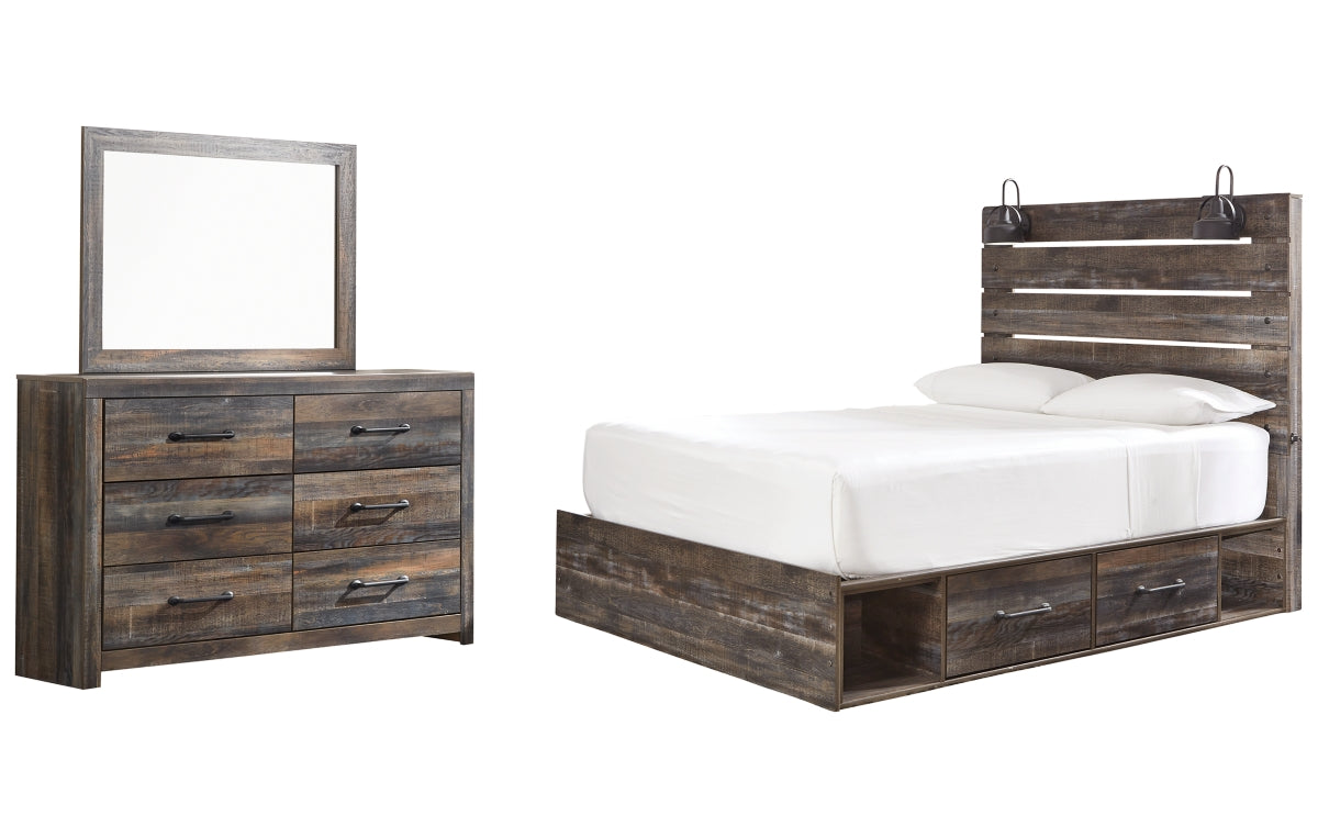 Drystan Queen Panel Bed with 2 Storage Drawers with Mirrored Dresser