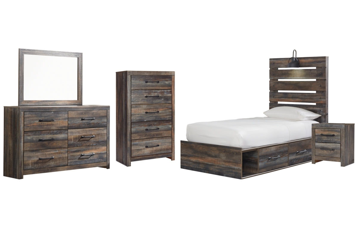 Drystan Twin Panel Bed with 4 Storage Drawers, Dresser, Mirror, Chest and Nightstand