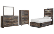Drystan Twin Panel Bed with 4 Storage Drawers with Mirrored Dresser and Chest