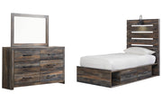 Drystan Twin Panel Bed with 4 Storage Drawers with Mirrored Dresser