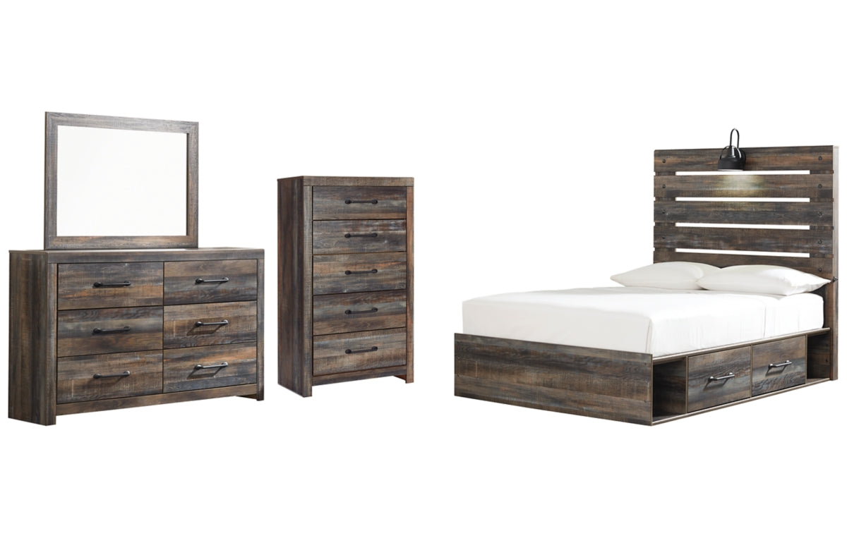 Drystan Full Panel Bed with 4 Storage Drawers with Mirrored Dresser and Chest