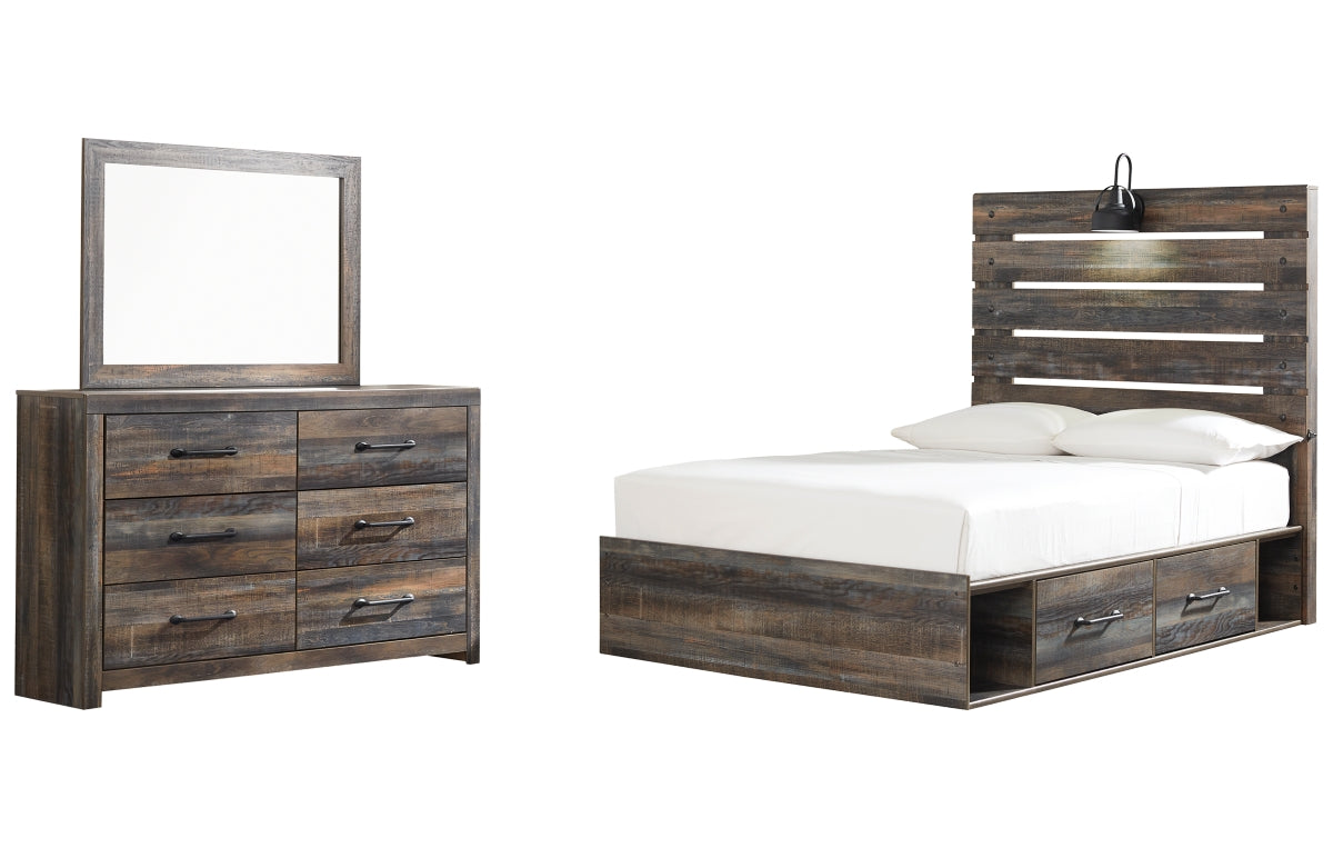 Drystan Full Panel Bed with 4 Storage Drawers with Mirrored Dresser