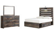 Drystan Full Panel Bed with 4 Storage Drawers with Mirrored Dresser