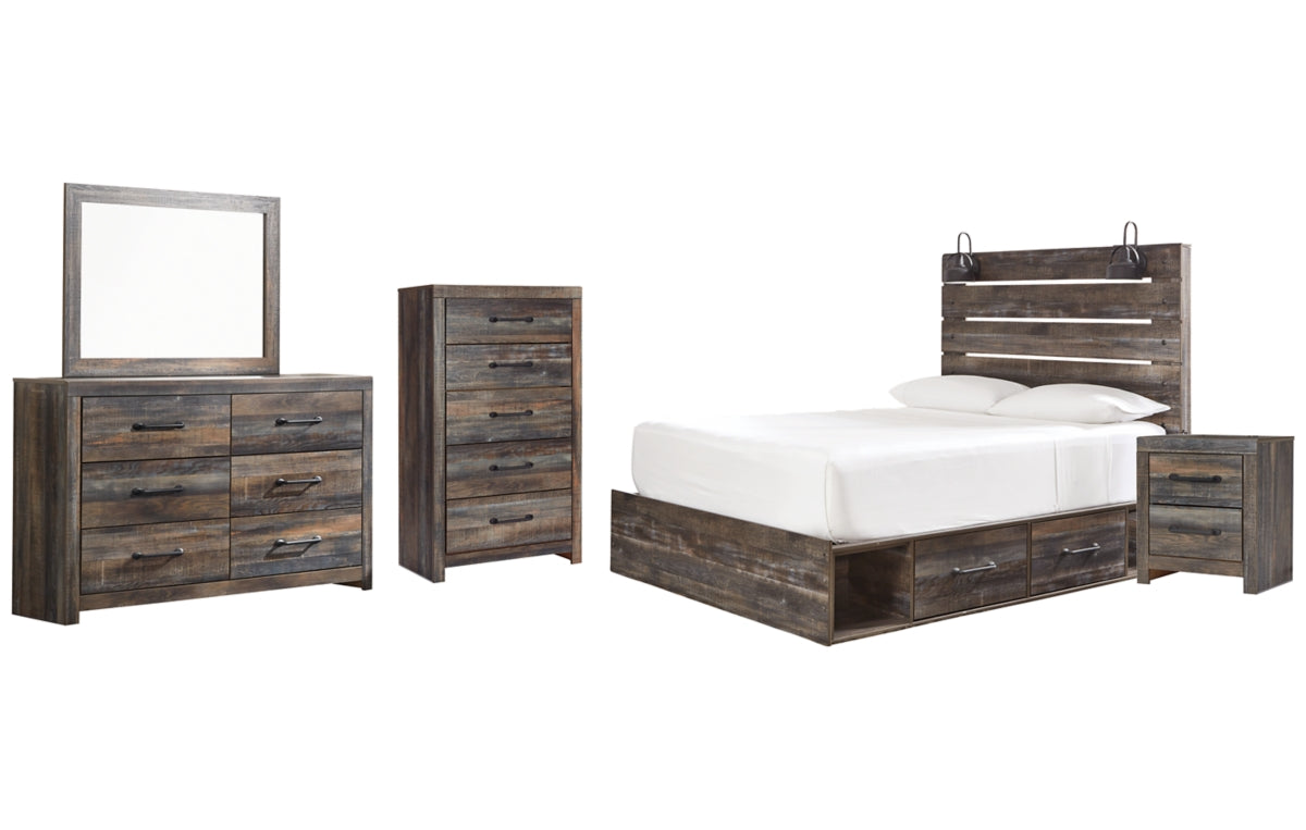 Drystan Queen Panel Bed with 4 Storage Drawers with Mirrored Dresser, Chest and Nightstand