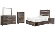 Drystan Queen Panel Bed with 4 Storage Drawers with Mirrored Dresser, Chest and Nightstand