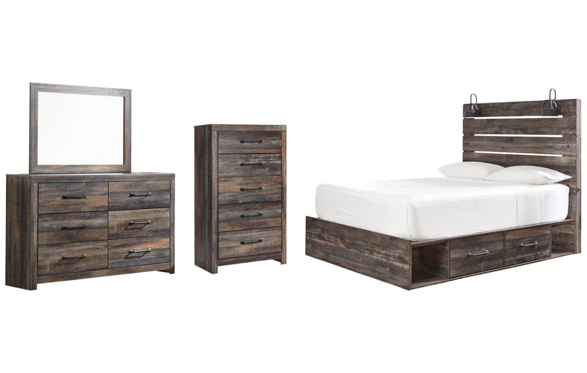 Drystan Queen Panel Bed with 4 Storage Drawers with Mirrored Dresser and Chest