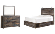 Drystan Queen Panel Bed with 4 Storage Drawers with Mirrored Dresser