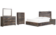 Drystan King Panel Bed with 2 Storage Drawers with Mirrored Dresser, Chest and Nightstand