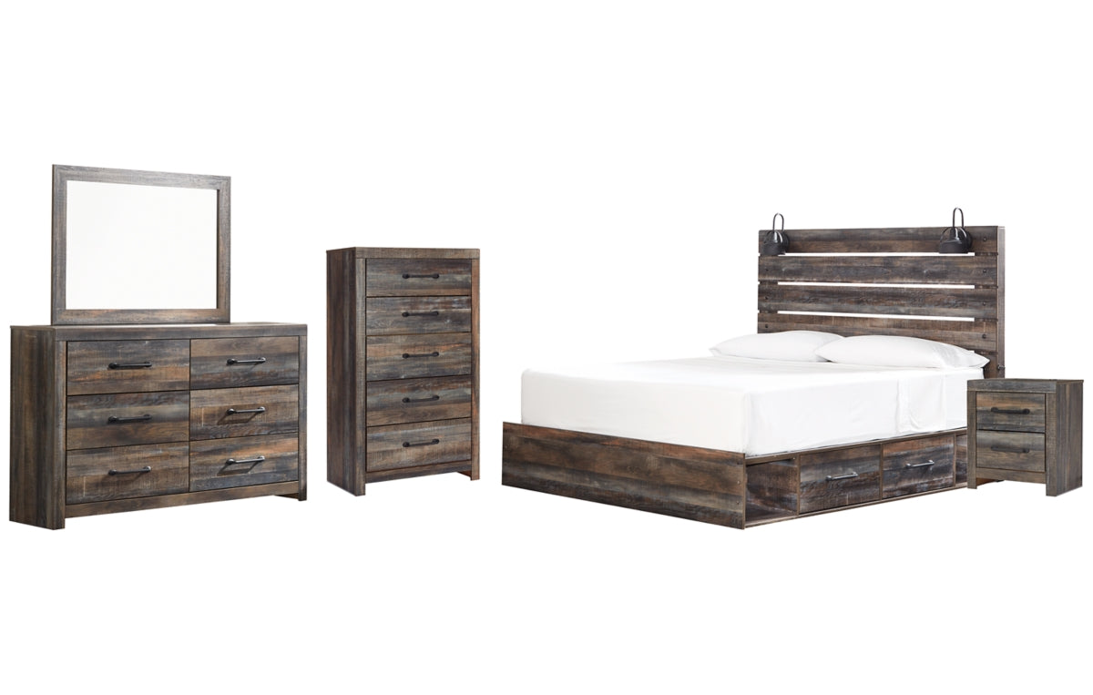 Drystan King Panel Bed with 2 Storage Drawers, Dresser, Mirror, Chest and Nightstand