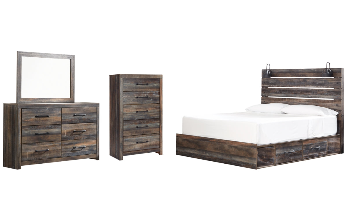 Drystan King Panel Bed with 2 Storage Drawers with Mirrored Dresser and Chest