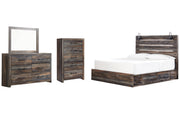 Drystan King Panel Bed with 2 Storage Drawers with Mirrored Dresser and Chest
