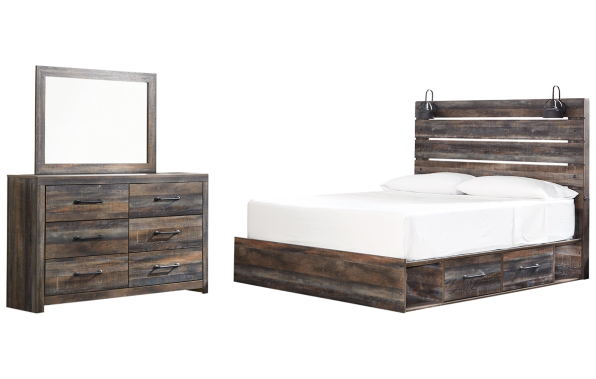 Drystan King Panel Bed with 2 Storage Drawers with Mirrored Dresser