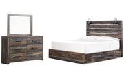 Drystan King Panel Bed with 2 Storage Drawers with Mirrored Dresser