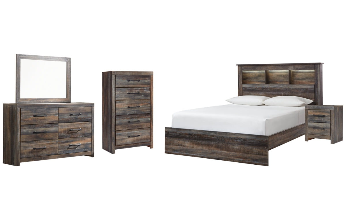 Drystan Queen Bookcase Bed, Dresser, Mirror, Chest and Nightstand
