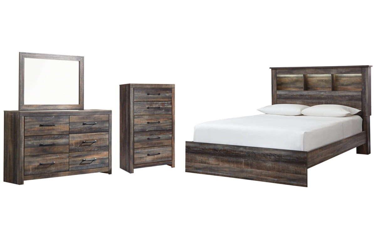 Drystan Queen Bookcase Bed with Mirrored Dresser and Chest