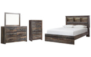 Drystan Queen Bookcase Bed with Mirrored Dresser and Chest