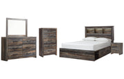 Drystan Queen Bookcase Bed with 2 Storage Drawers with Mirrored Dresser, Chest and Nightstand