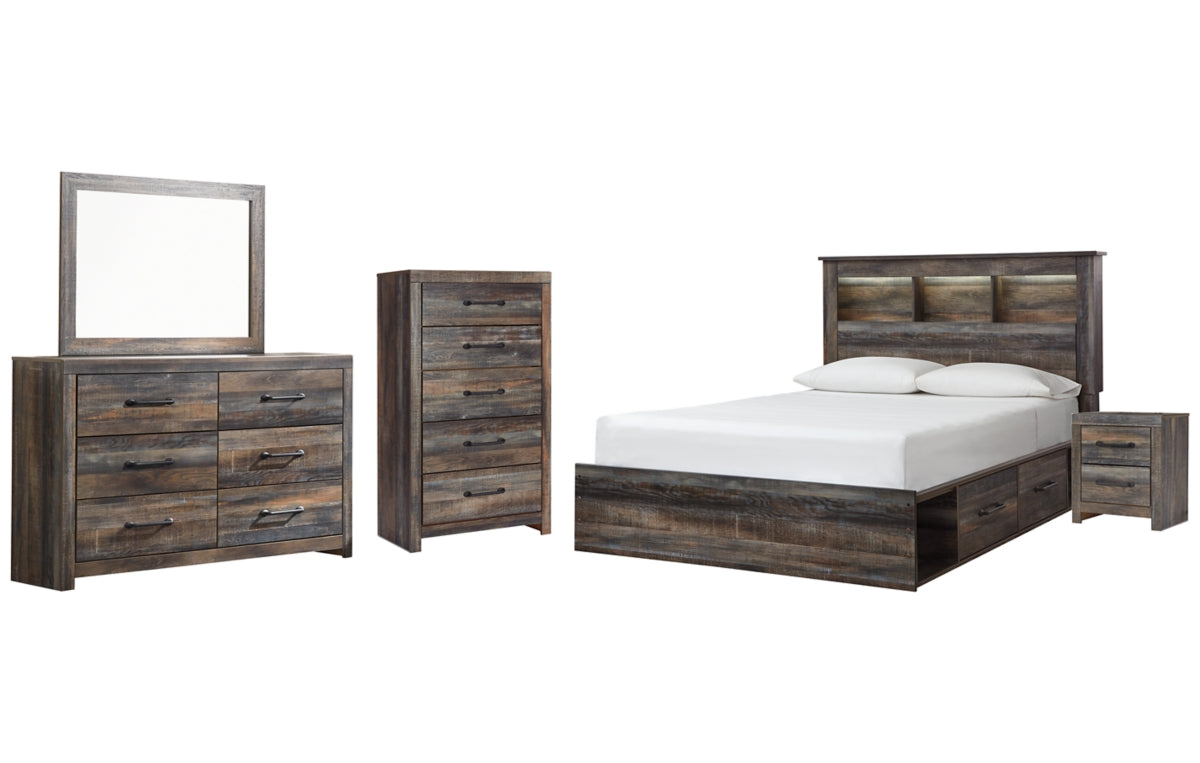 Drystan Queen Bookcase Bed with 2 Storage Drawers, Dresser, Mirror, Chest and Nightstand